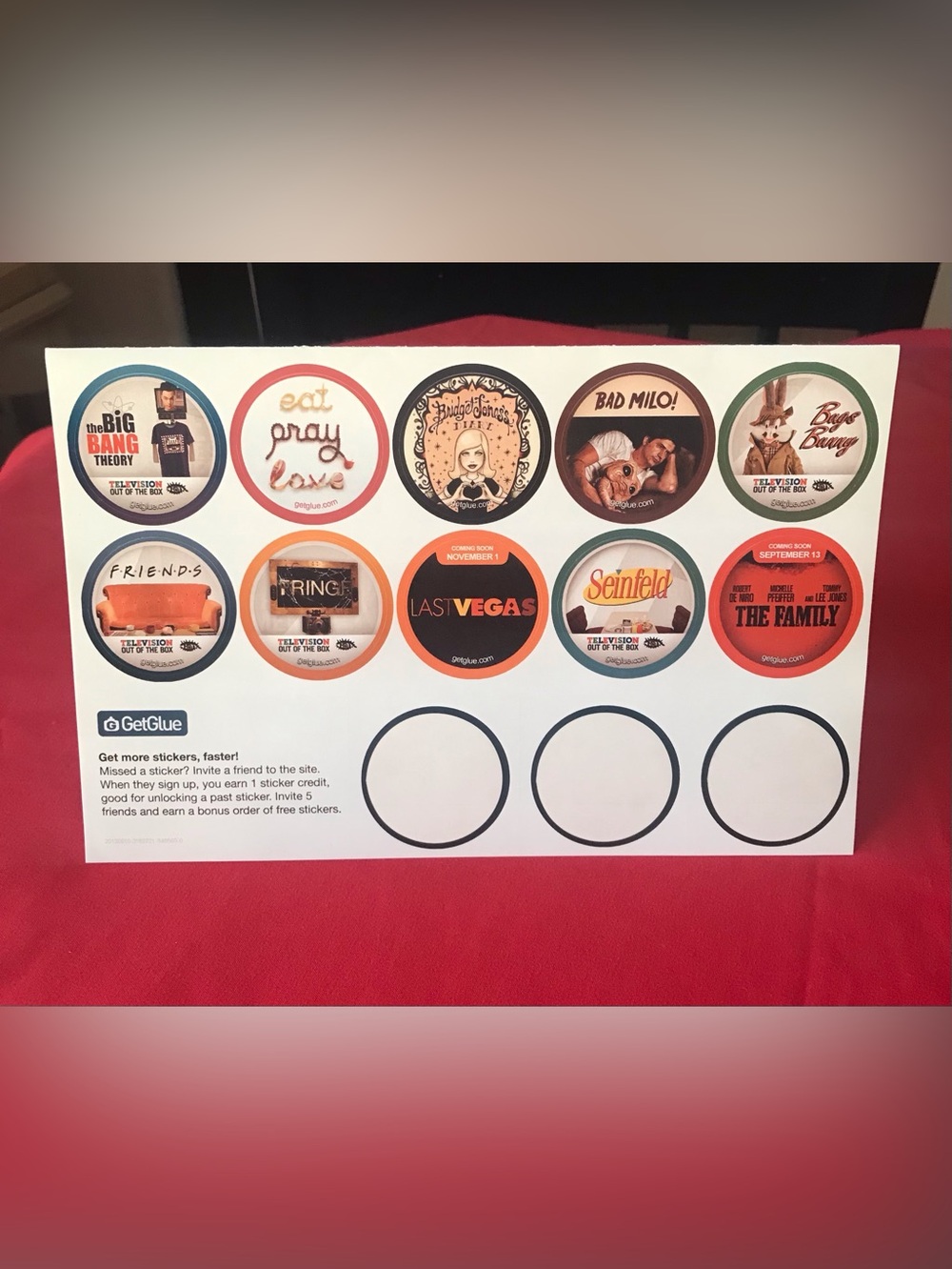Rare Vtg GetGlue Promo Sticker Sheet Lot Friends Seinfeld Big Bang Theory 18